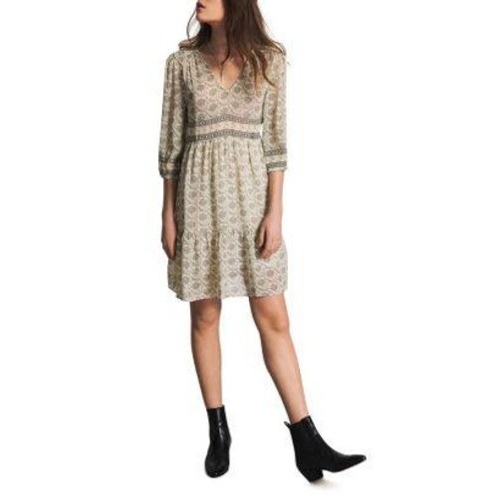 Ba&sh Pale Yellow‎ Becky Floral Boho V-Neck Tiered Tunic Mini Dress Sz Small